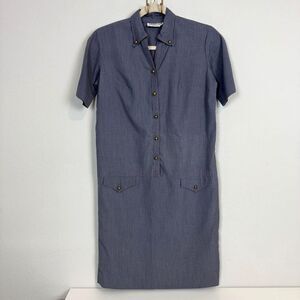 Vintage Country Fair 60s Blue Grey Western Straight Short Sleeve Dress XSP